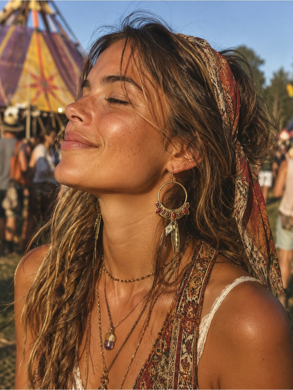 Free People Boho Gold Hoop Earrings with Red Accents and Feather Charms